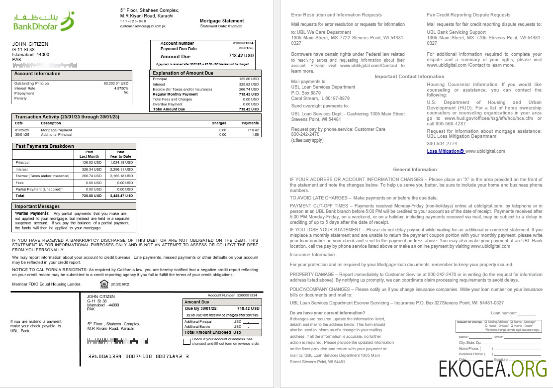Relevé hypothécaire UBL du Pakistan aux formats Word et PDF